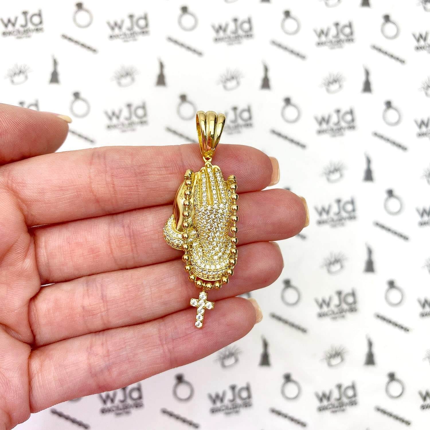 14K Gold Over Sterling Silver CZ Praying Hand Cross Pendant 1.57″