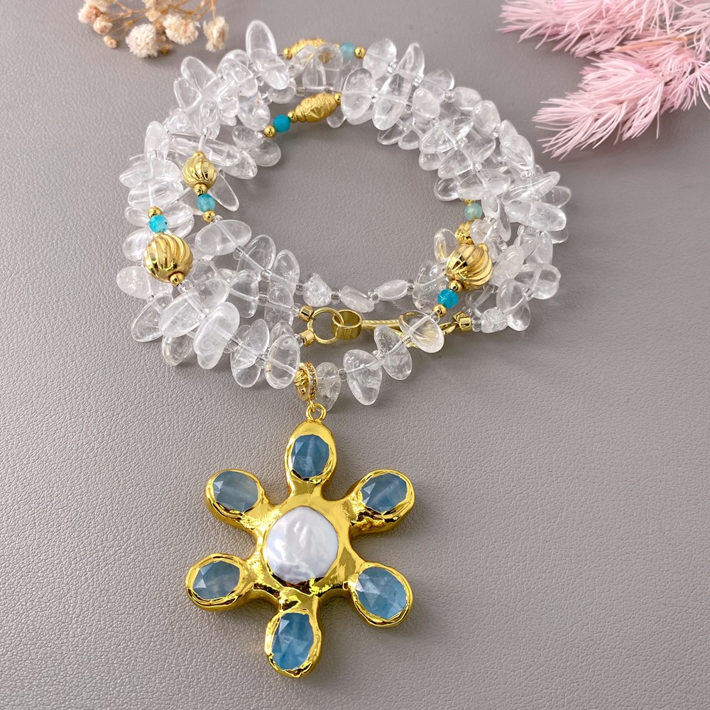 2 Rows Clear Quartz Necklace Coin Pearl Jade Flower Pendant Natural Stone