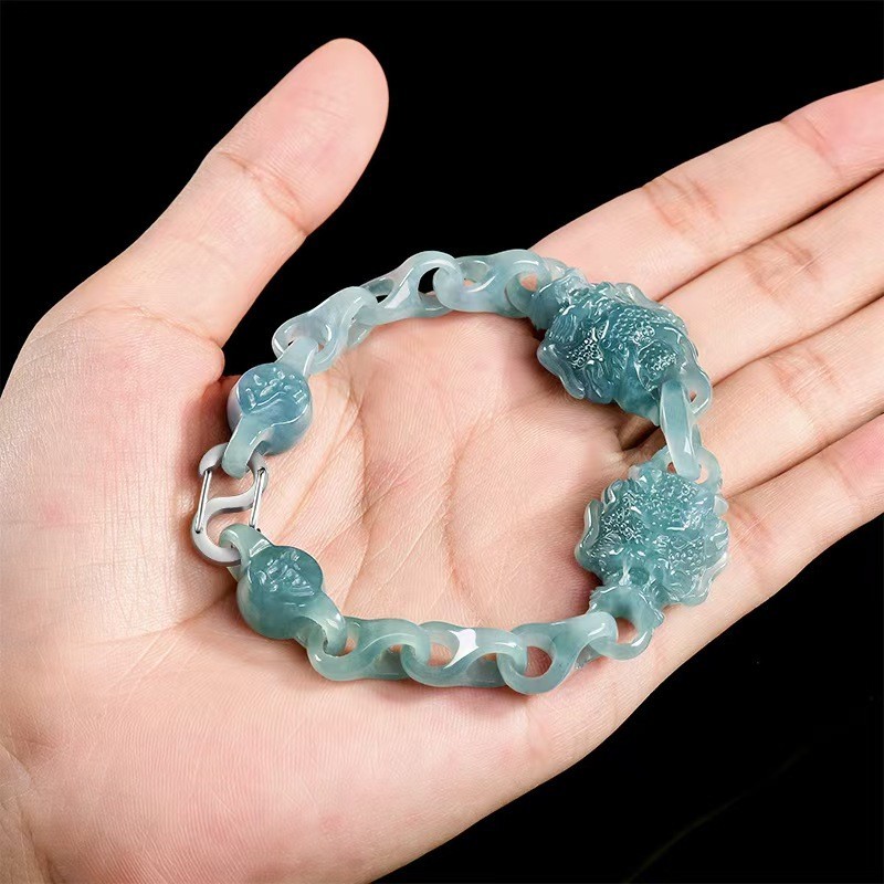 Real Grade A Natural Green Jade Jadeite Double Dragon Chain Bracelet