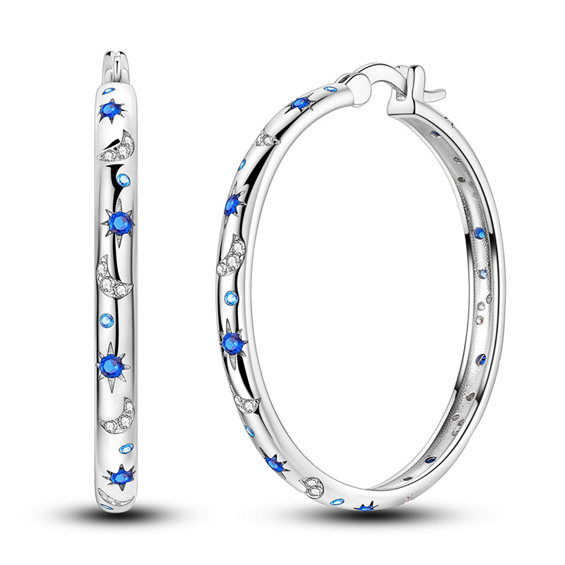MULA 925 Sterling Silver Sparkling Starry Night Large Hoop Earrings CZ For Women