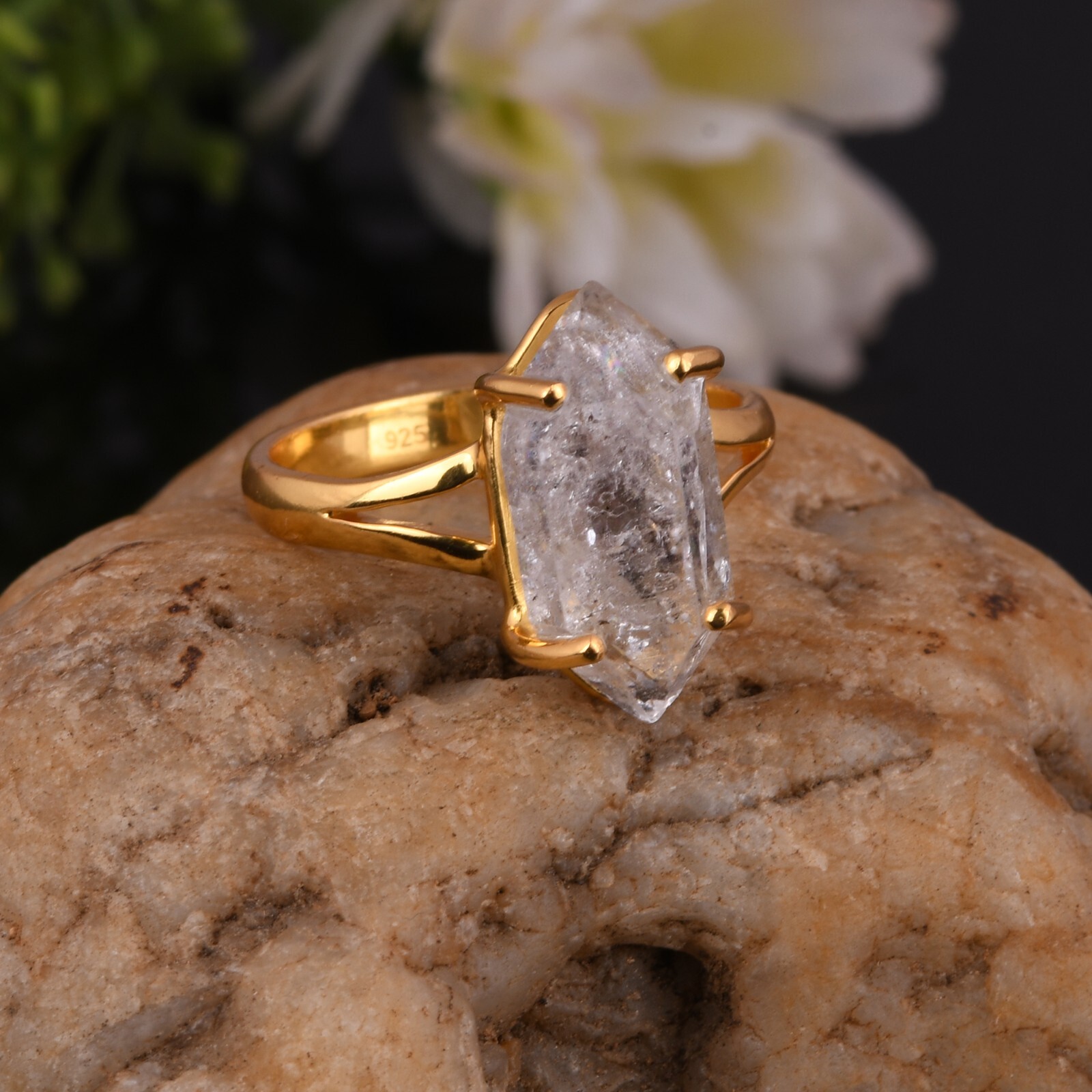 Raw Herkimer Diamond Gemstone Ring Handmade Rough Crystal Jewelry For Women