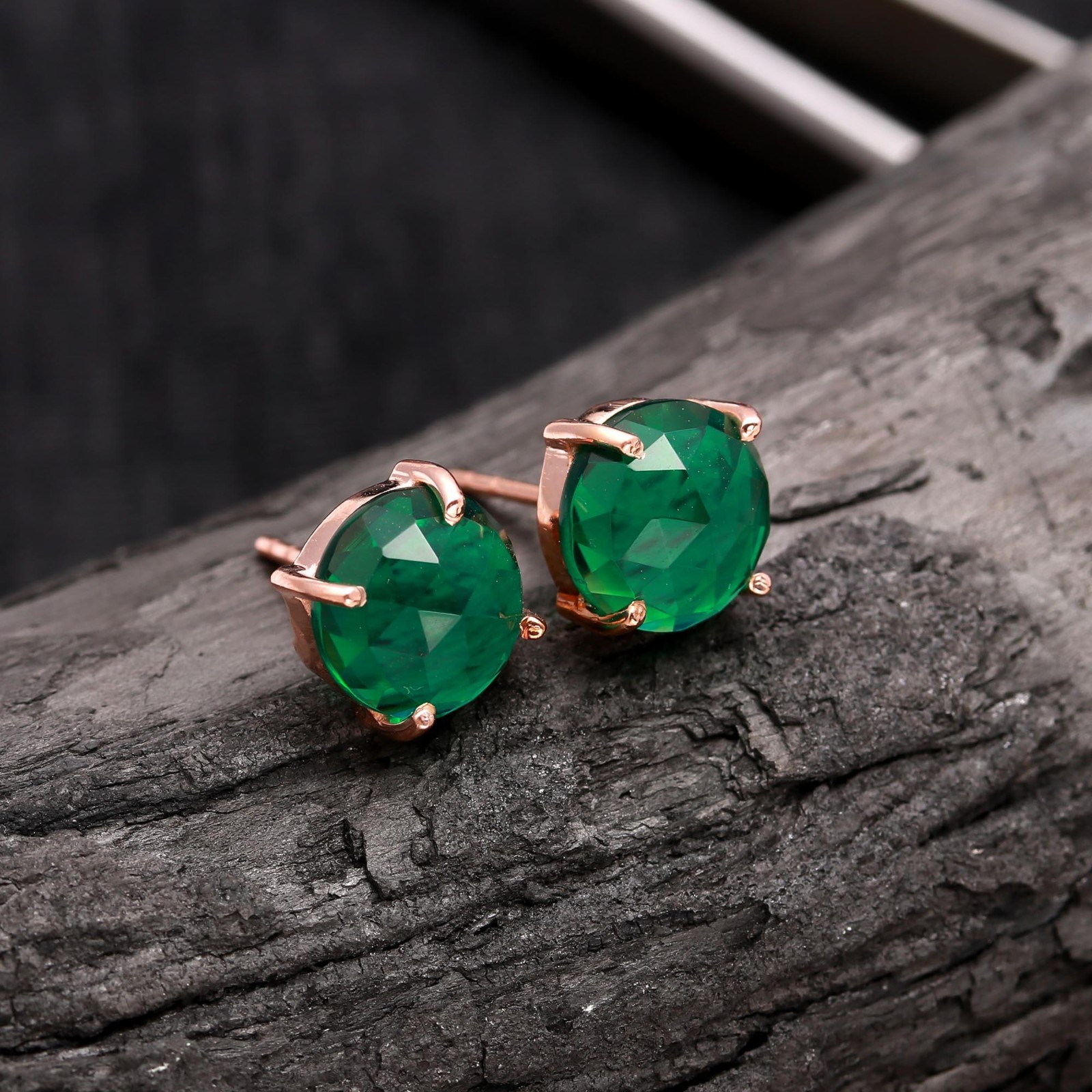 Natural Green Emerald Round Stud Earrings Rose Gold Fill Solid Silver Jewelry