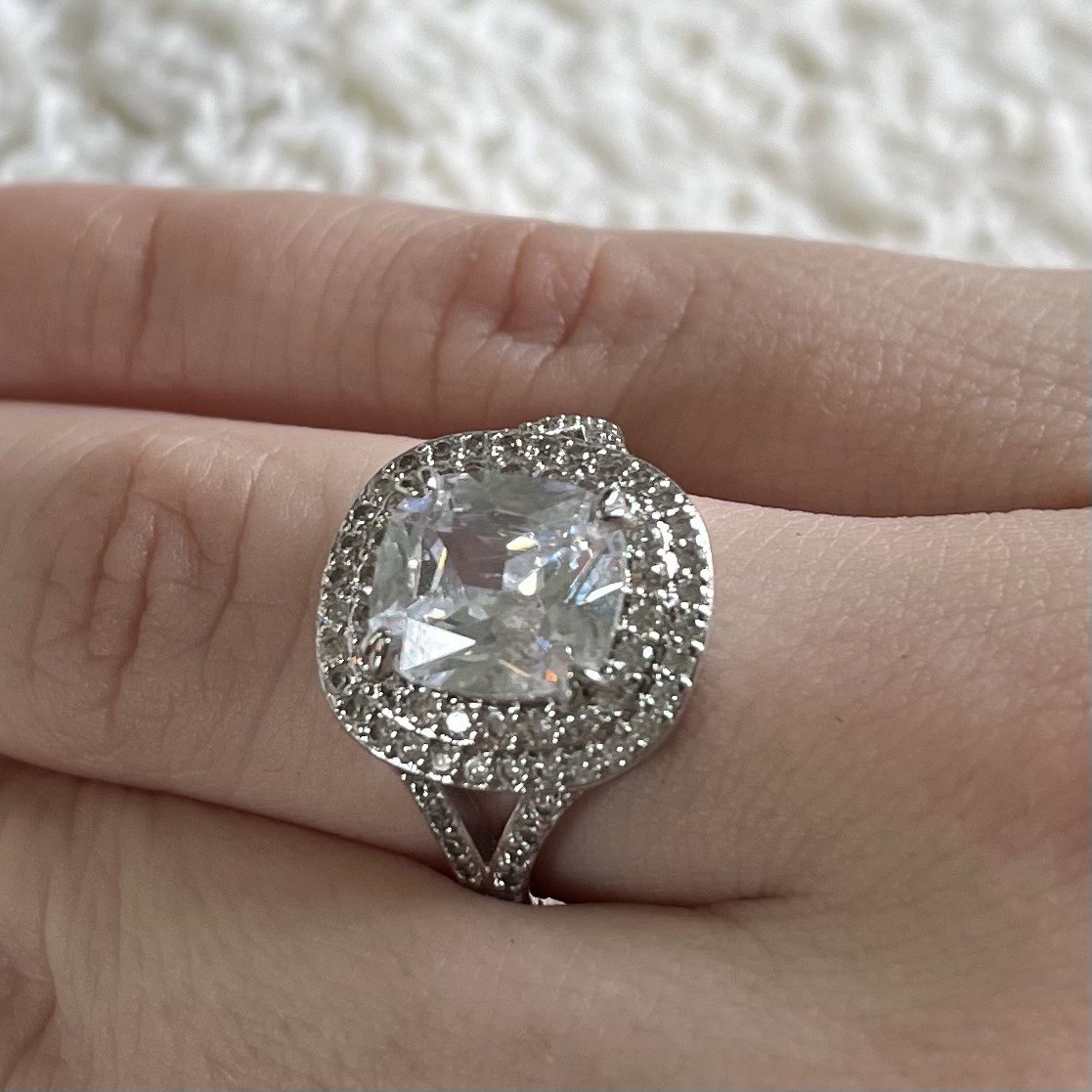 Size 8 Statement Ring Large Cushion Cut Clear Stone Halo Setting