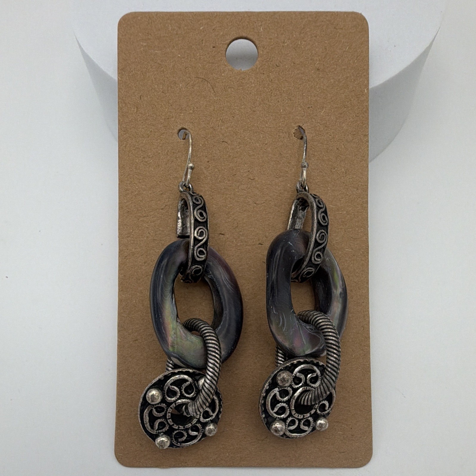 Chico’s Silver Tone Black Oval Dangle Drop Earrings Hook Closure Metal