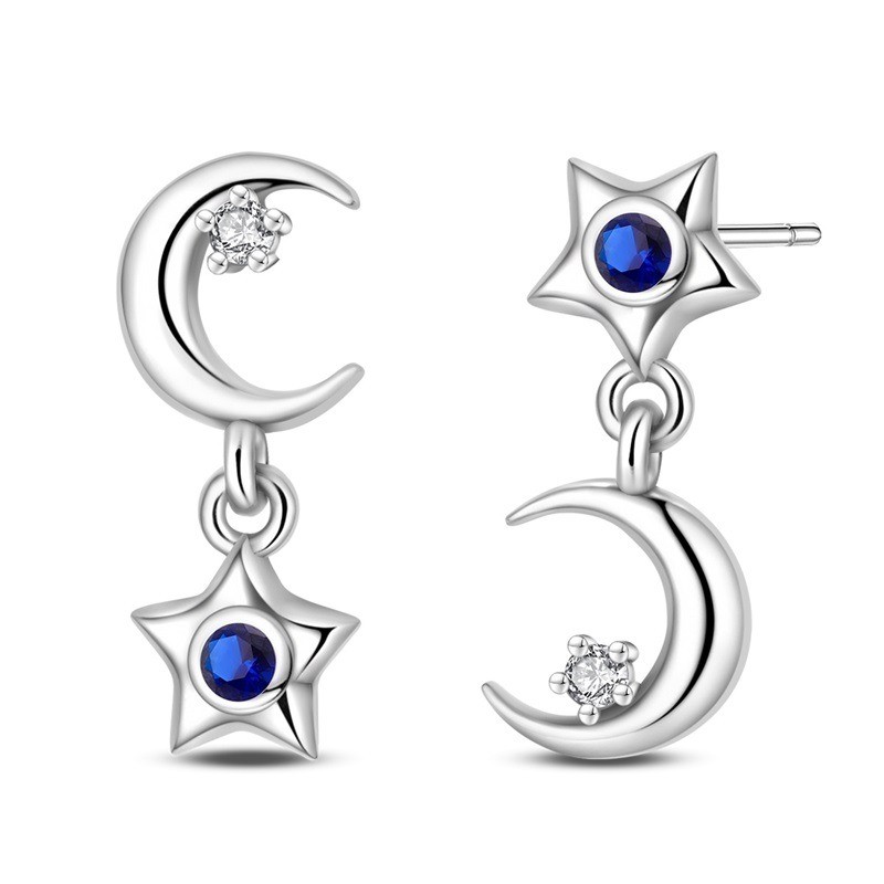 KUNSIR 925 Sterling Silver Mini Asymmetric Star Moon Stud Earrings Women Jewelry