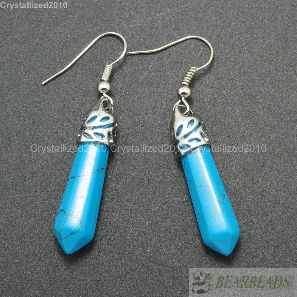 Natural Gemstone Hexagonal Pointed Reiki Chakra Healing Beads Silver Earrings