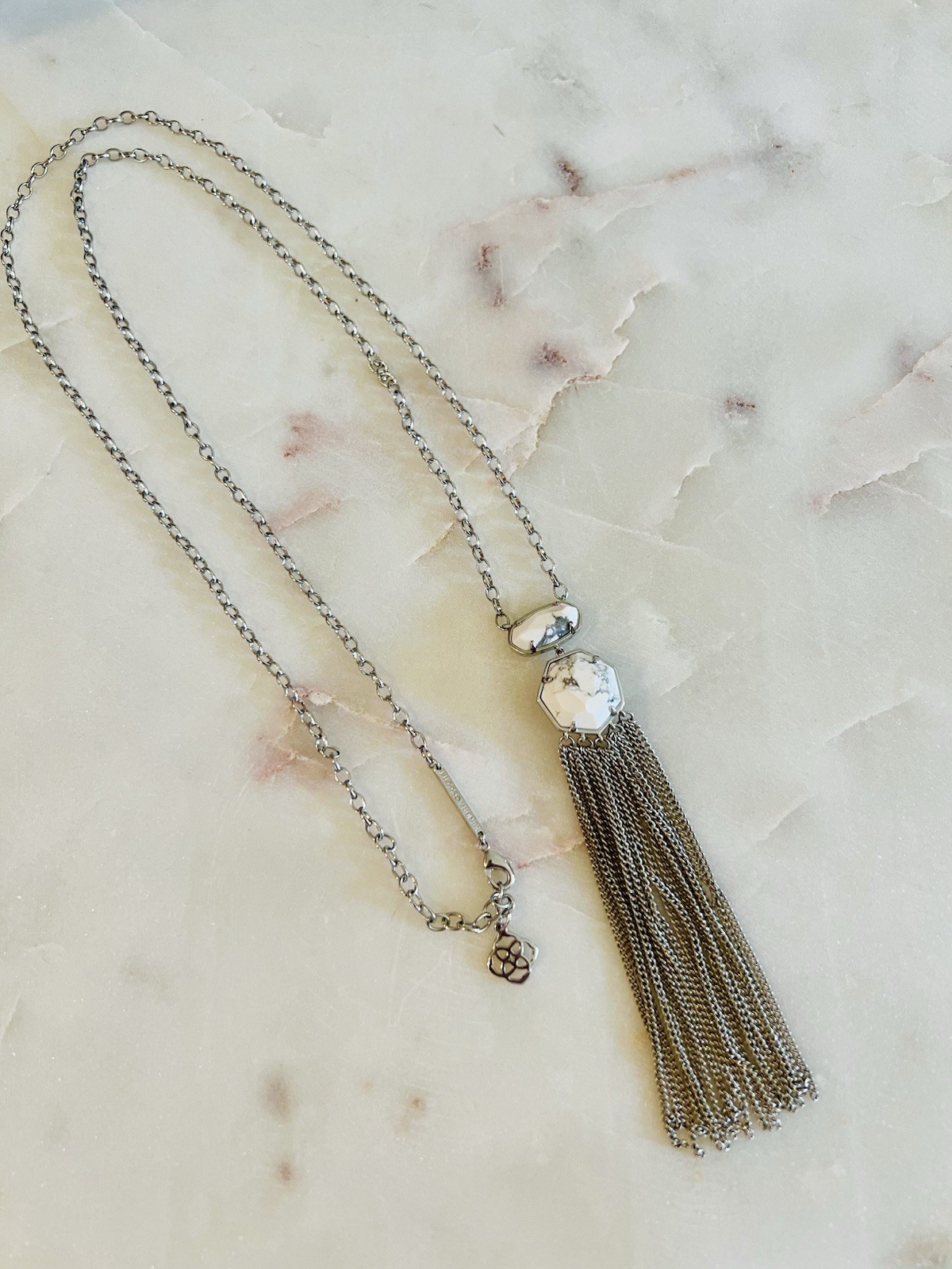 Kendra Scott Tae Long Necklace, Silver with a white howlite pendant and tassel