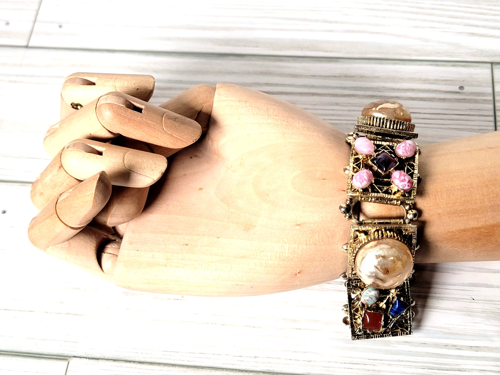 Fashion Costume Bracelet Acrylic Cabochons Multicolor Fold-over Latch Metal