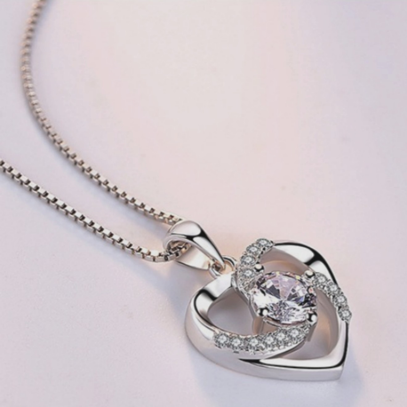 Sparkling CZ Center Vortex Surrounding Heart Charm Classic Box Chain Necklace