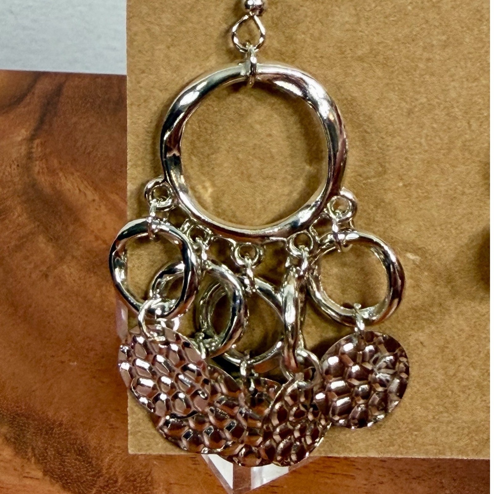Silver Tone Chandelier Earrings Dangling Circles Geometric Textured Coins