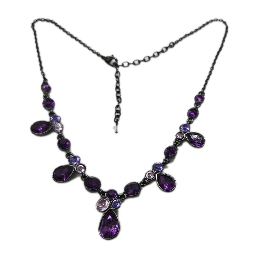 Purple Crystal Necklace Black GunMetal Collar Couture Shades of Purple 19 in