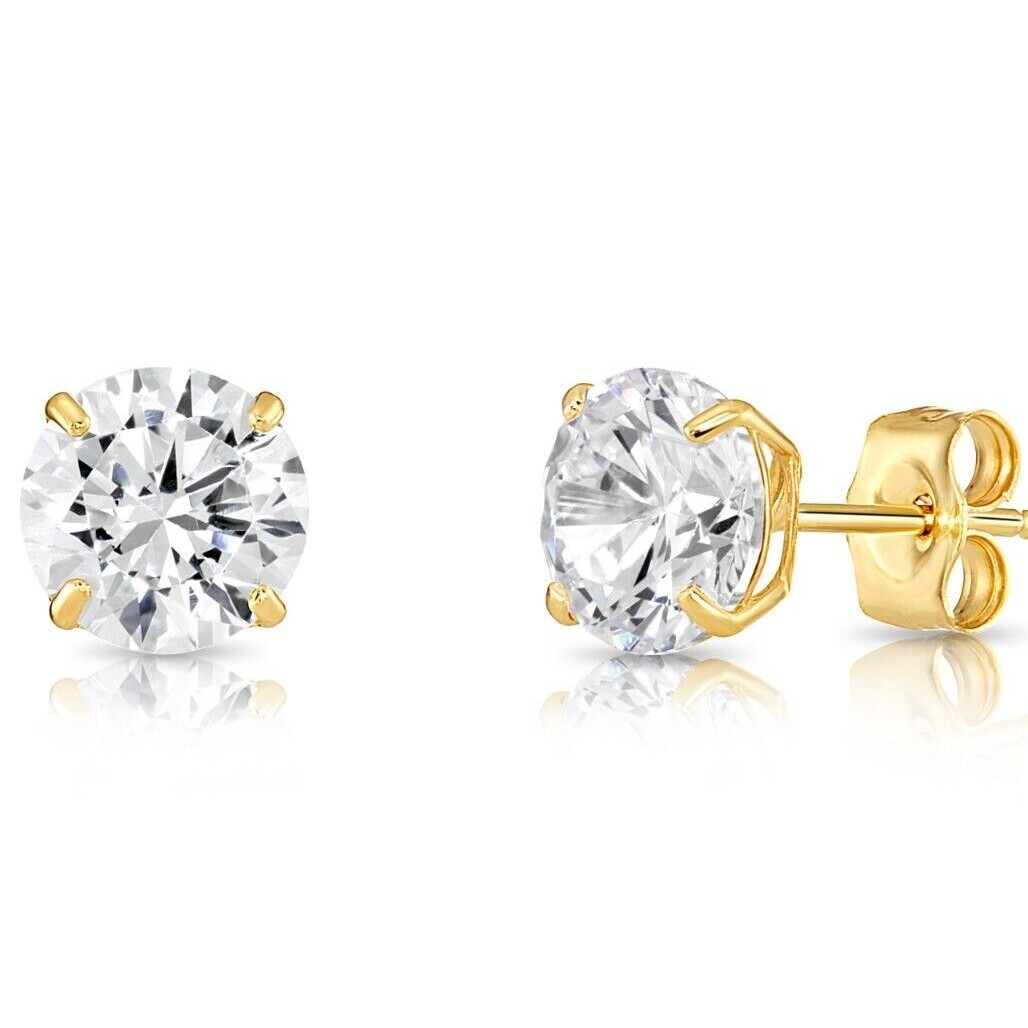 14K Real Solid Gold Solitaire Round CZ Sleeper Stud Earrings Push-back 2.5mm-8mm