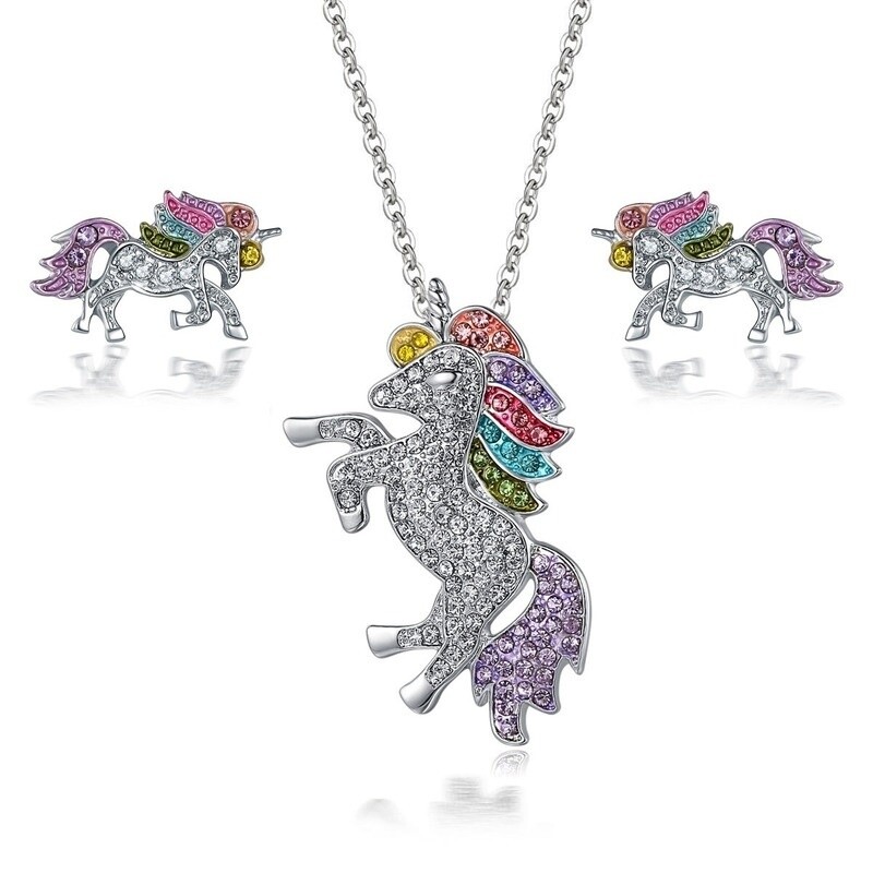 Rainbow Unicorn Crystal/Metal Pendant & Pierced Earring Set (Fantastic!)