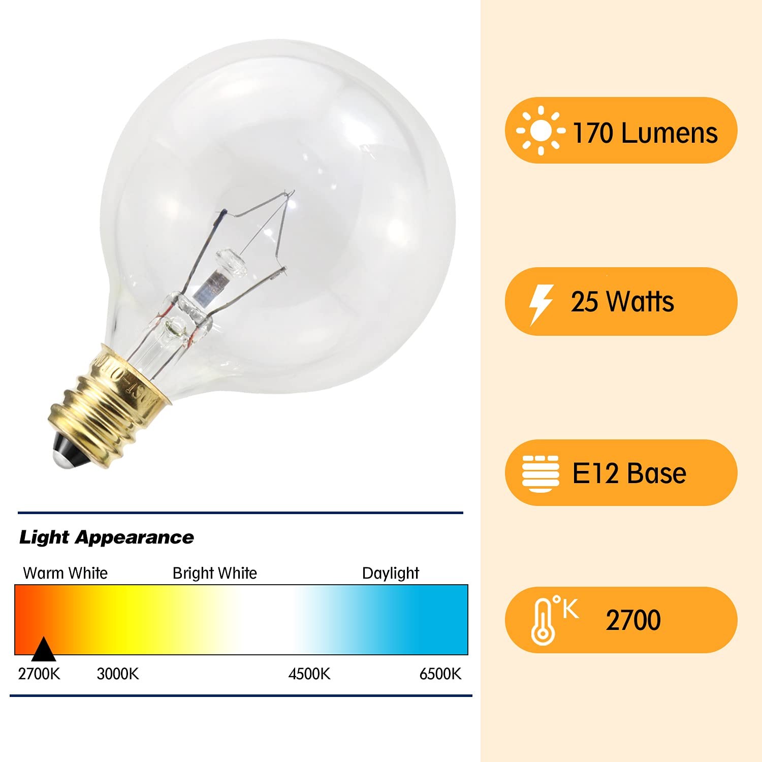 ETwinCoo Wax Warmer Light Bulbs, G50 25 Watt for 6 Count (Pack of 1), Clear