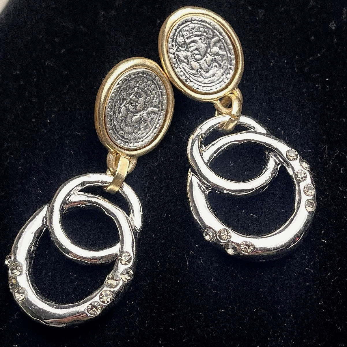 Mayan Aztec Style Coin Medallion Dangle Earrings Rhinestone Gold Silver Two Tone
