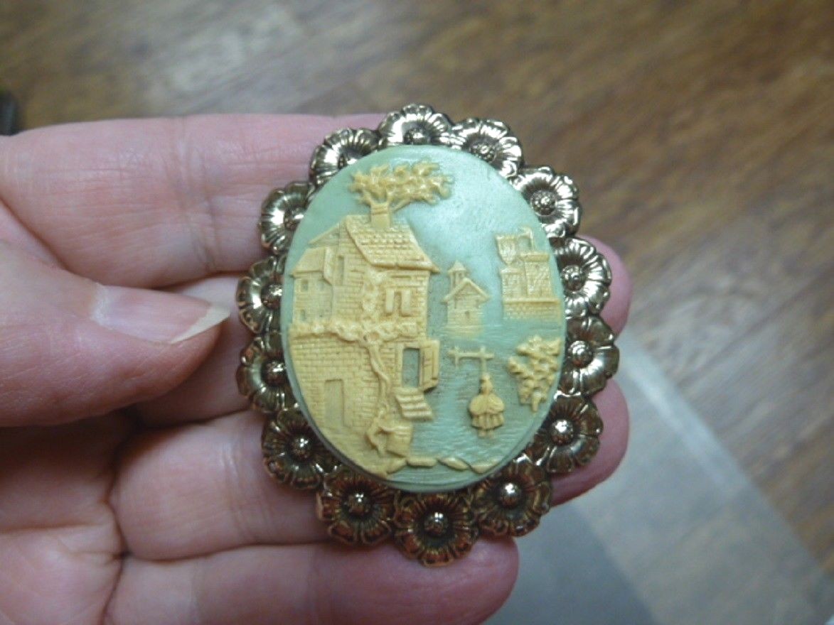 (CM58-43) Rebecca at the Well House blue CAMEO PIN pendant jewelry Pine resin
