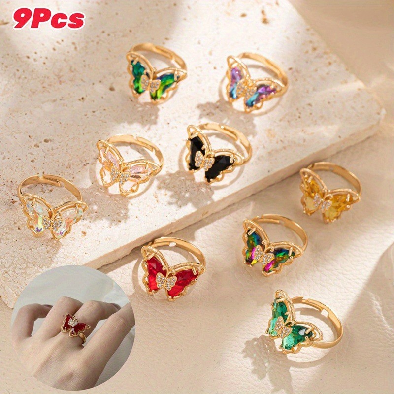 9Pcs Colorful Butterfly Ring Adjustable Stackable Rings Women Jewelry Gift