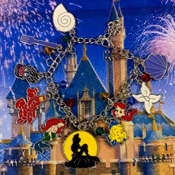 🦐 Disney Little Mermaid Silver Zinc Alloy Metal Charm Bracelet 7.5″ 10 Charms