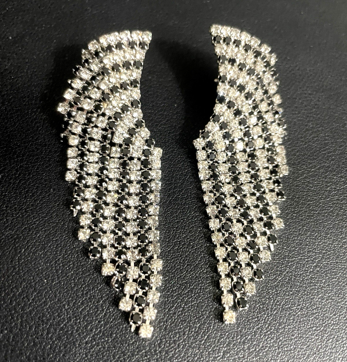 Rhinestone Angel Wing Earrings Clip Ons Sparkly Black Clear Party Jewelry