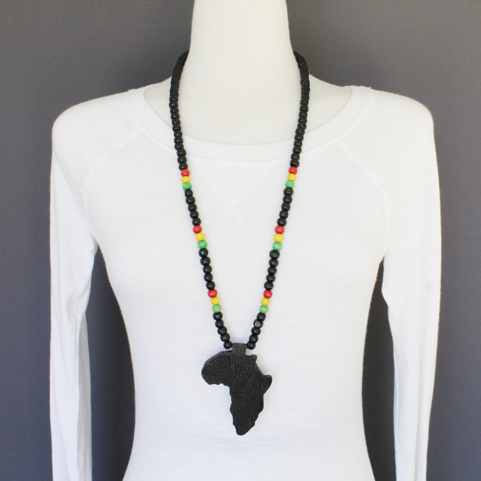 Black wooden africa pendant necklace beads chain african map continent wood long
