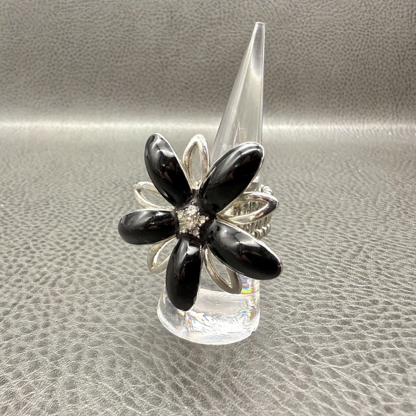 Bold Statement Flower Ring Silver Black Stretch Band Cocktail Fashion Jewelry