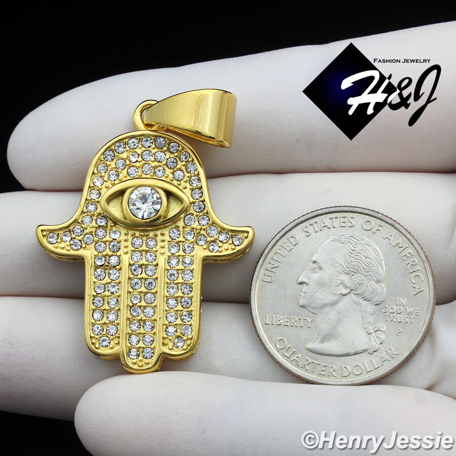 18″-36″MEN Stainless Steel 3mm Gold Plated Box Chain CZ Hamsa Hand Pendant*GP140
