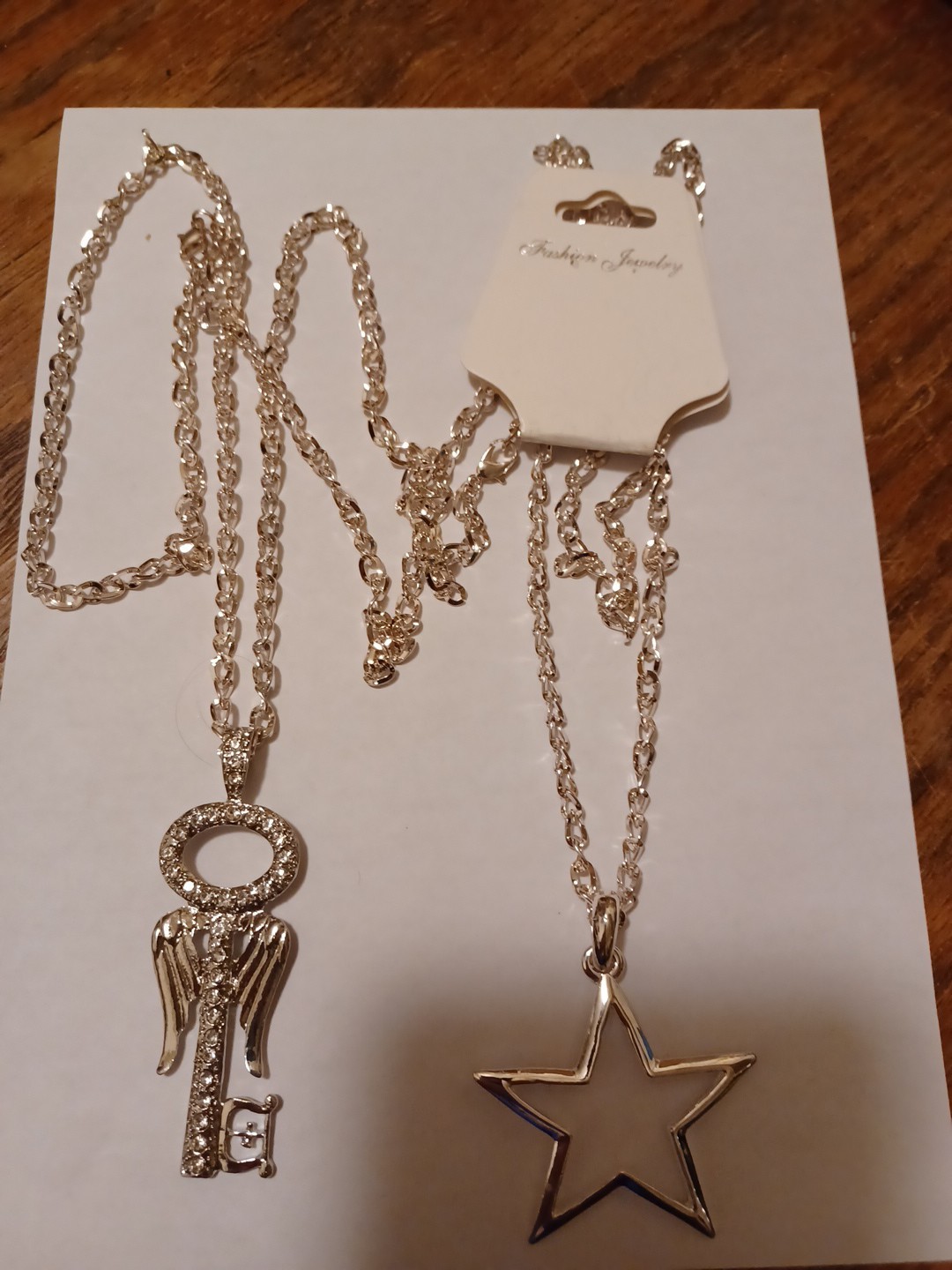 Fashion necklace, Silvertone, Star-Wings/key, Qty 2
