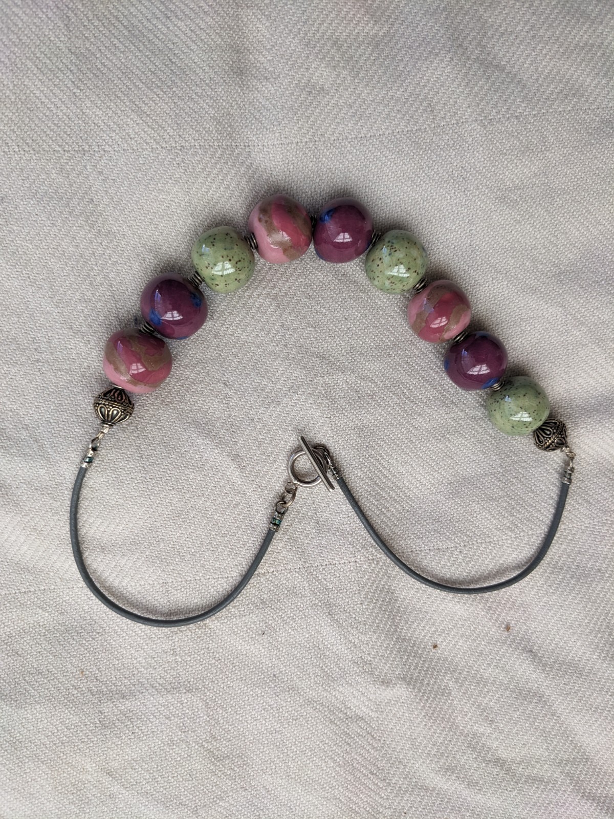Necklace Pinks/ Greens Beads Cord Strap/ Back Fastening Delightful Hues Feminine