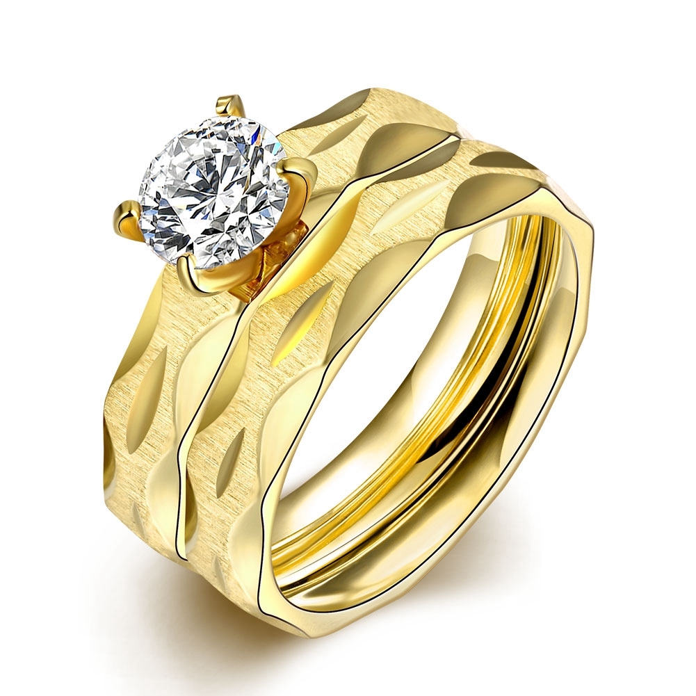 Stainless Steel Bridal Engagement Set Ring Yellow Gold AAA Zirconia Women B439