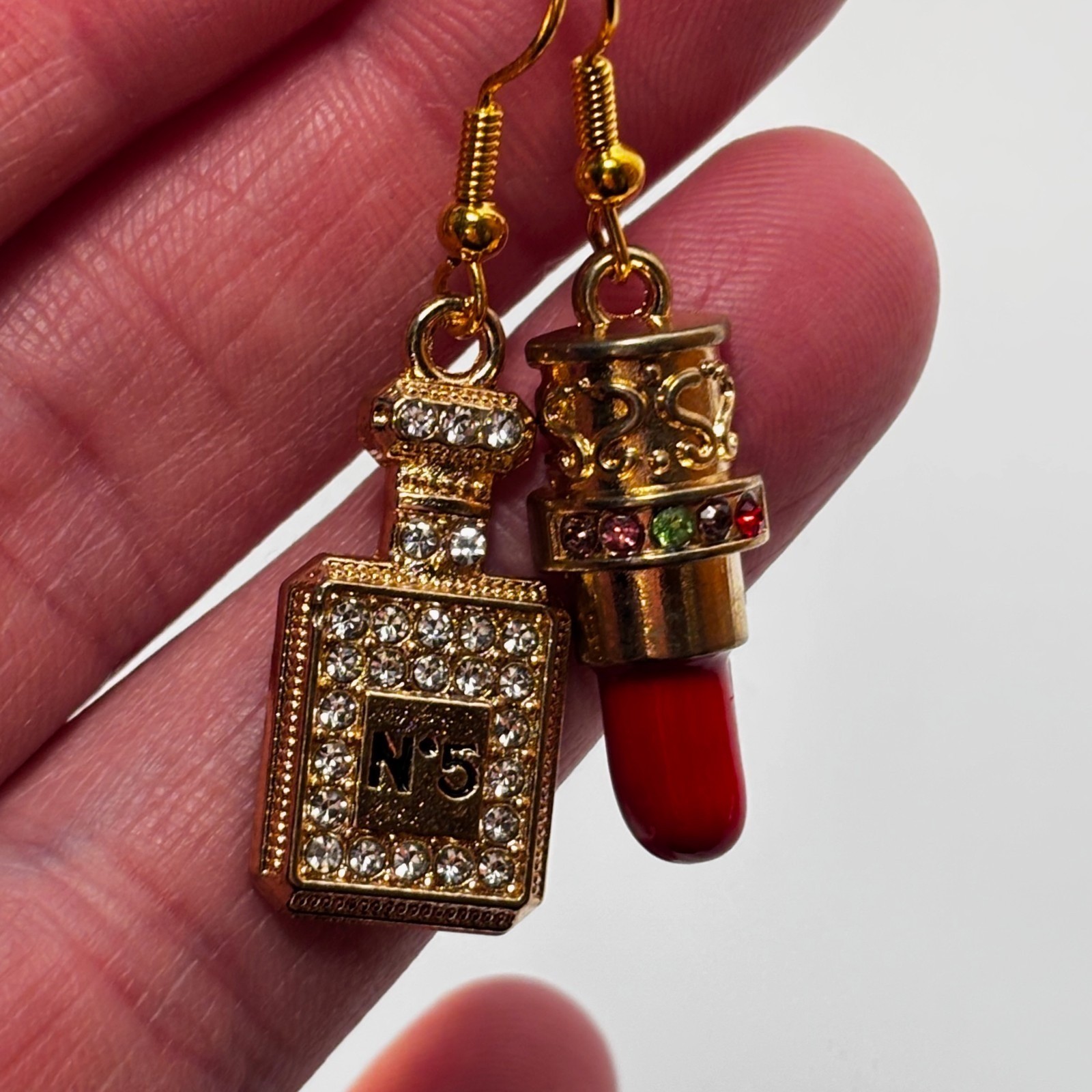Fashion Earring Lipstick Perfume Gold Tone Rhinestones Charms