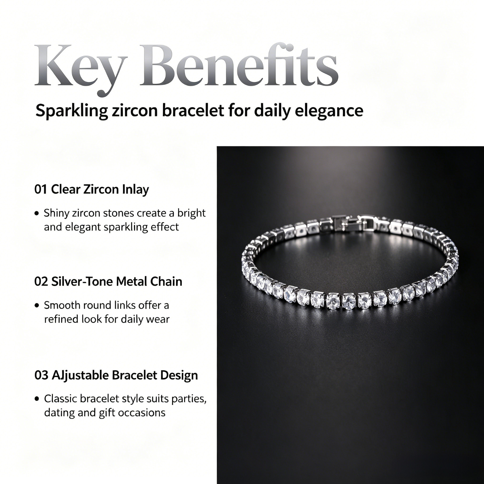 Women’s Tennis Bracelet Cubic Zirconia Sparkling Crystal Silver Rose Gold