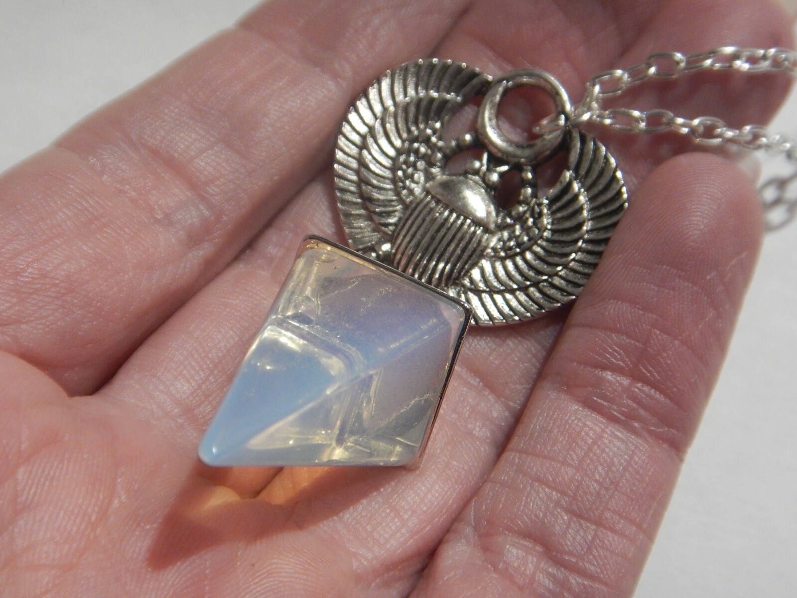 SCARAB BEETLE OPALITE PYRAMID NECKLACE Egypt Egyptian Gothic Occult Pendant 5B