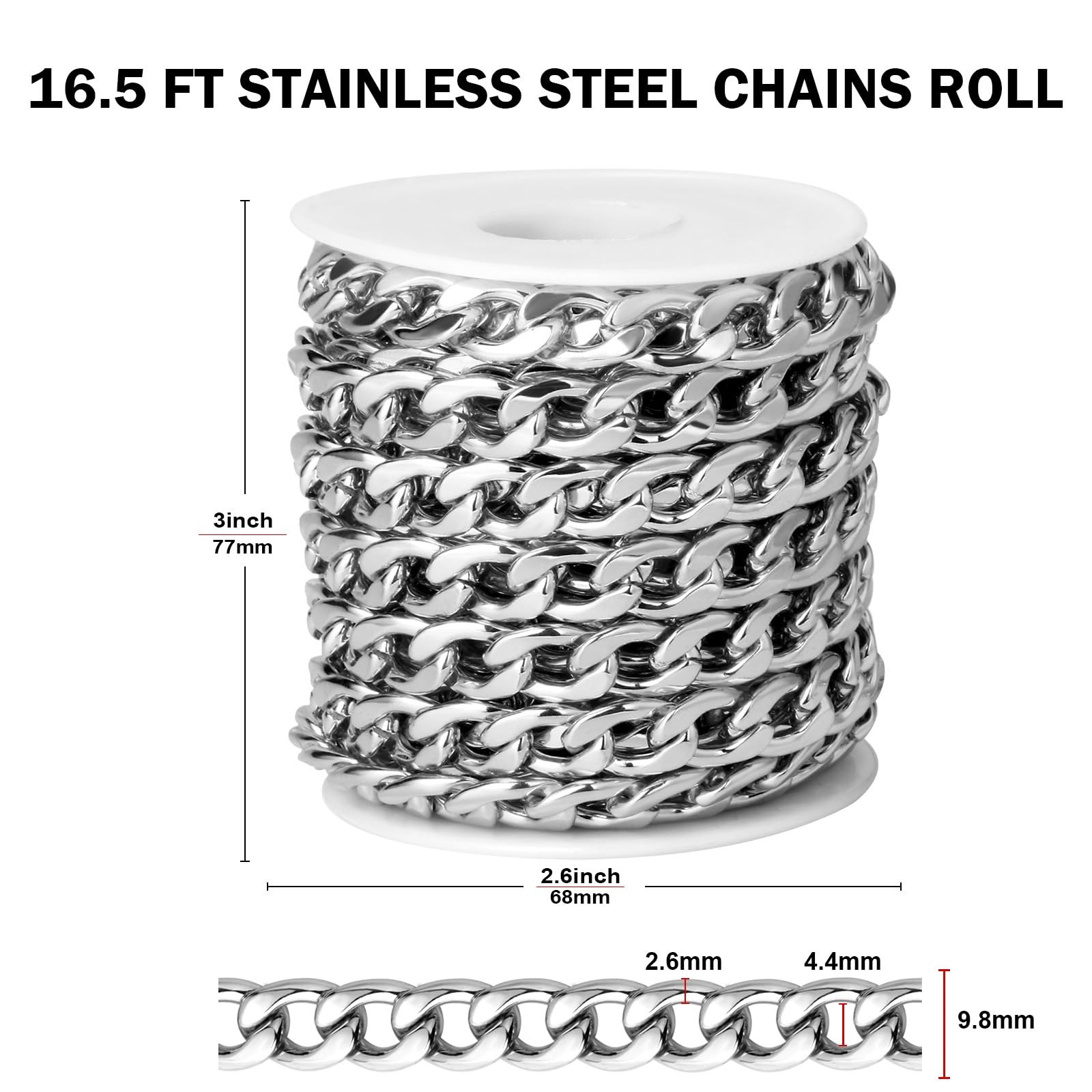 [16.5 FT] Silver Curb Chains for Jewelry Making, 9.8Mm Wide 304 Stainless Steel