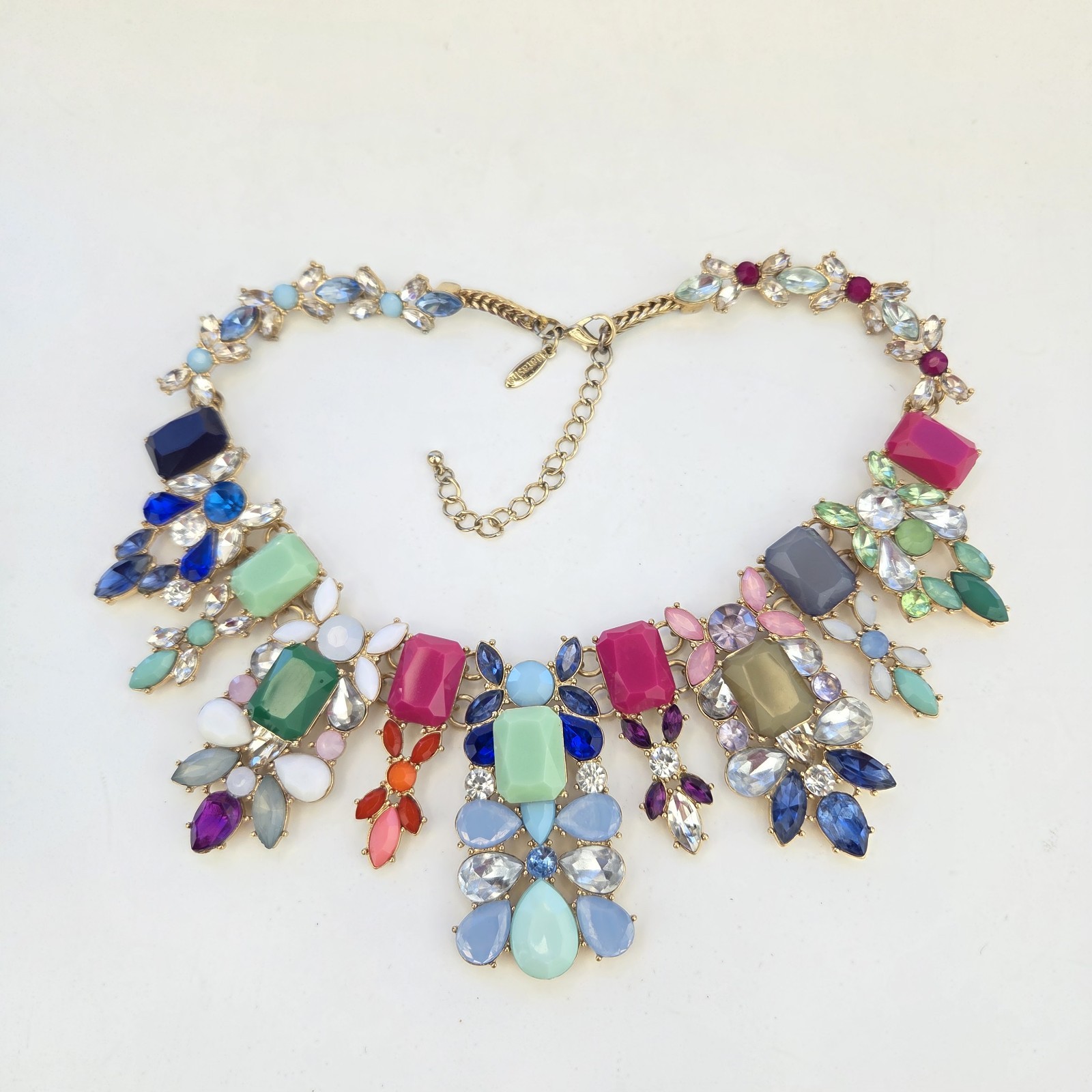 Natasha Statement Necklace 17″ Multi Colored Acrylic And Glass Stones Gold Tone