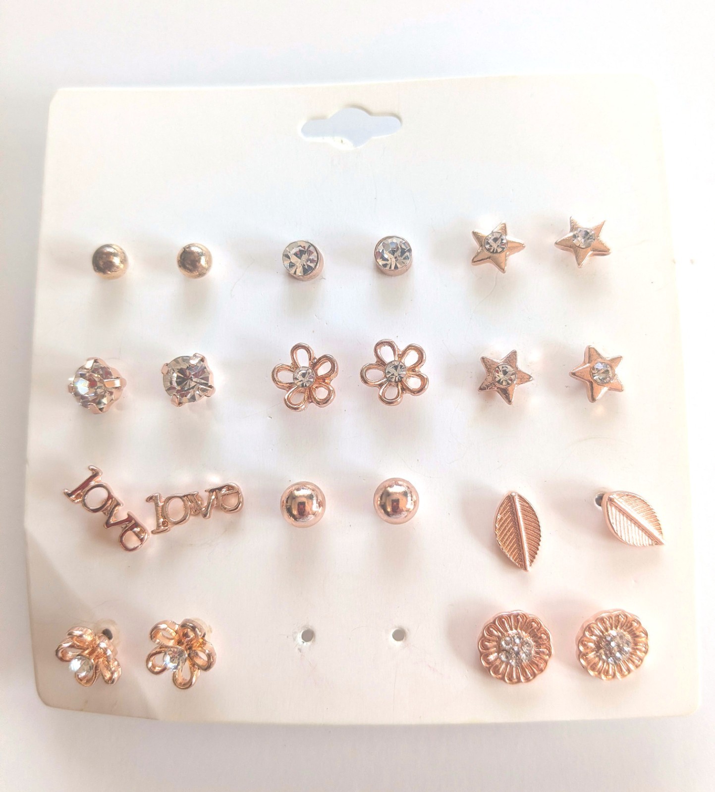 New 11-Pairs of Rose Gold Tone Earrings Pack “Love” Flowers Stars Crystals B20