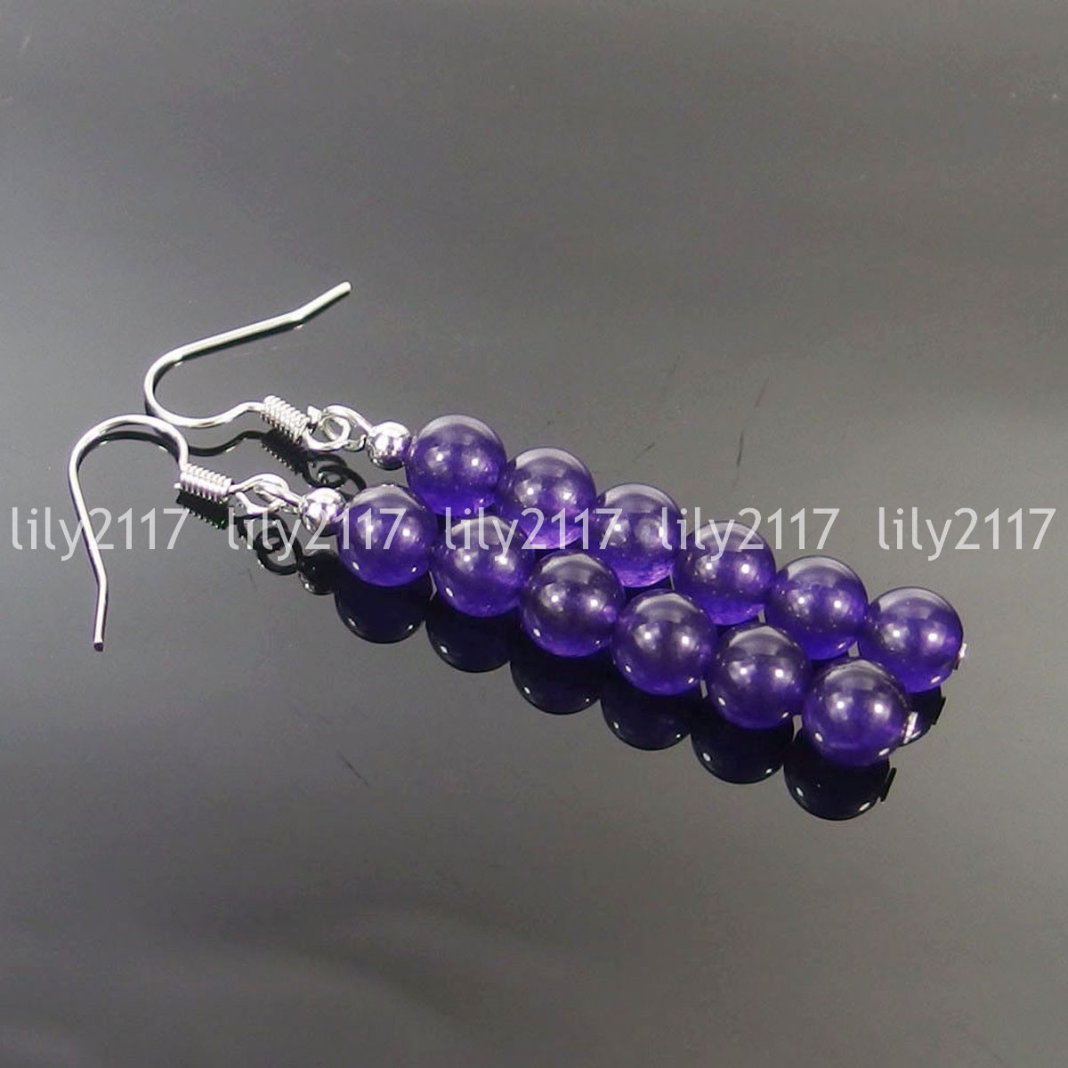 Natural 6-10mm assorted Jade Gemstone Round beads 925 Silver Hook Dangle Earring