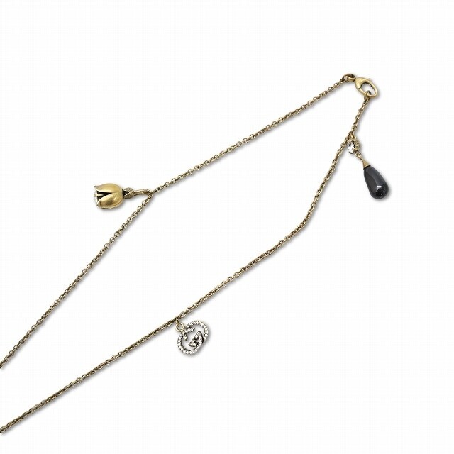 GUCCI Antique Finish Interlocking G Flower Motif Long Necklace Gold Authentic