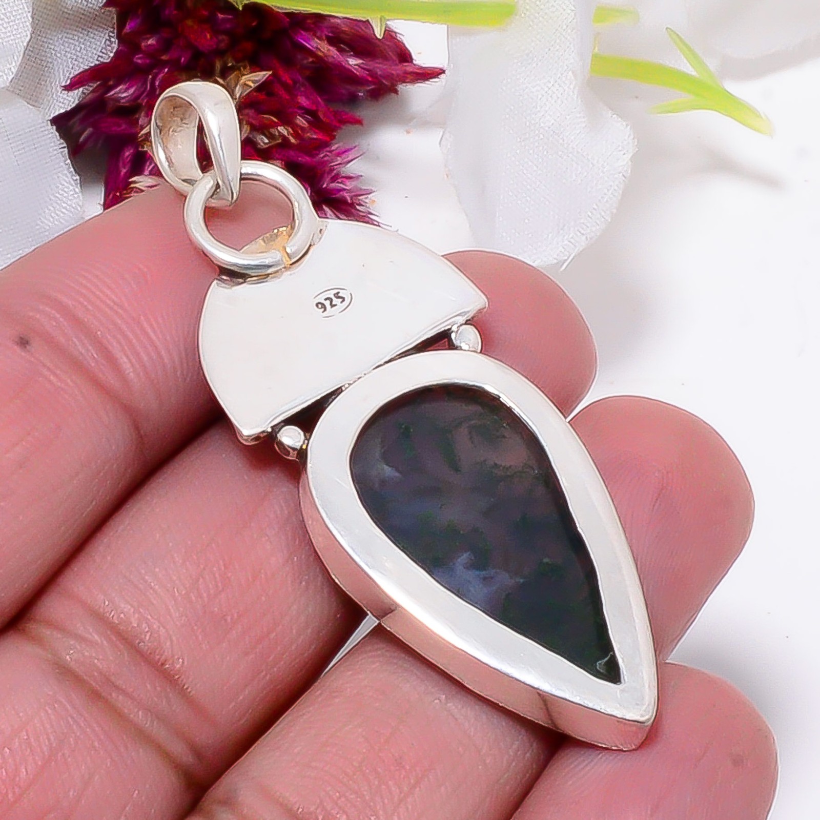 Moss Agate – India & Rainbow Moonstone 925 Sterling Silver Pendant 2.15″ Sku29