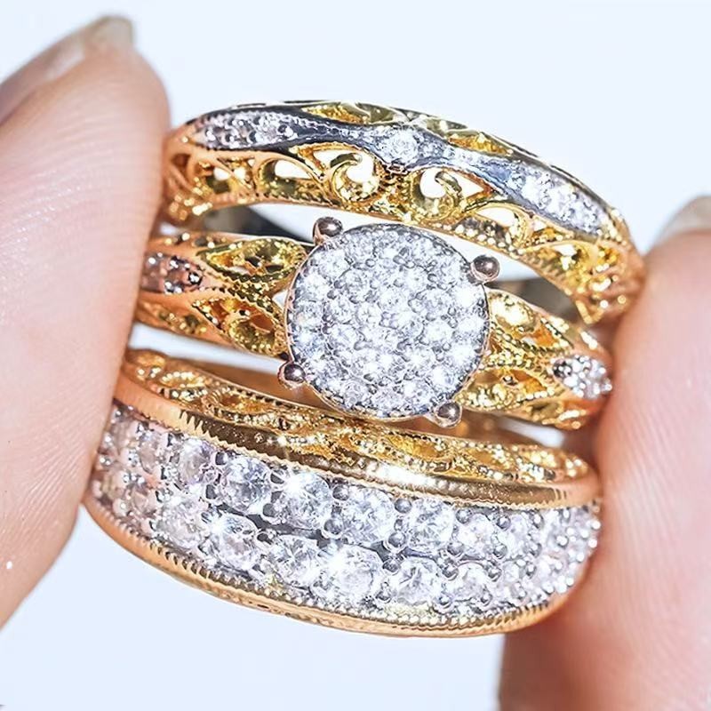 ONE SET 3 PCS Stunning Women 18k Gold Plated Sparkling CZ Band Ring Vintage