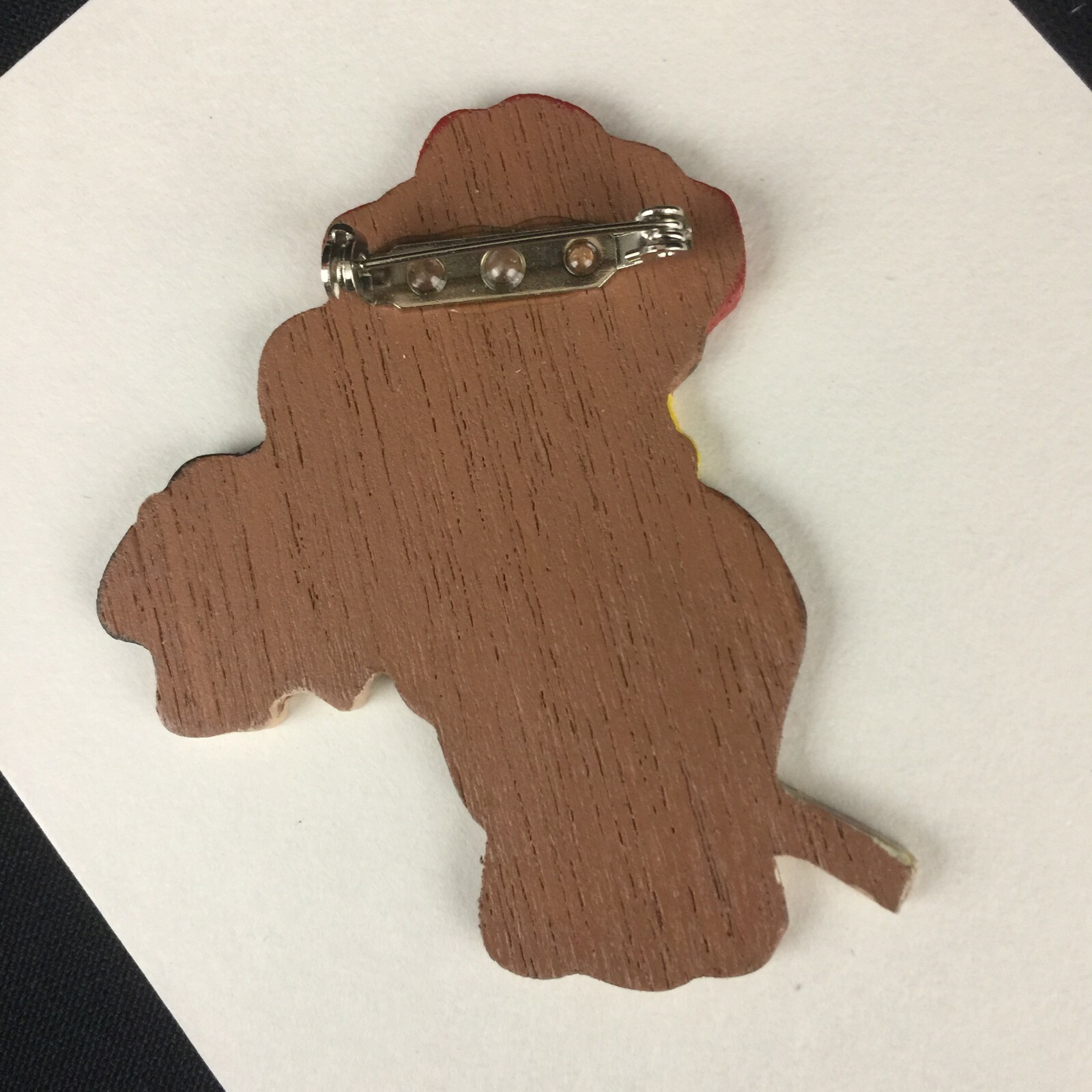 Brooch Cowboy Teddy Bear on Horse Pin Wooden Hand Painted Locking Bar Back VTG B