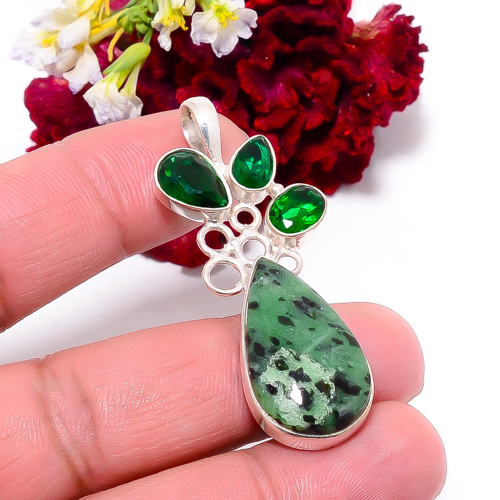 Natural Ruby With Zoisite & Chrome Diopside 925 Silver Pendant 1.95″ P101729635