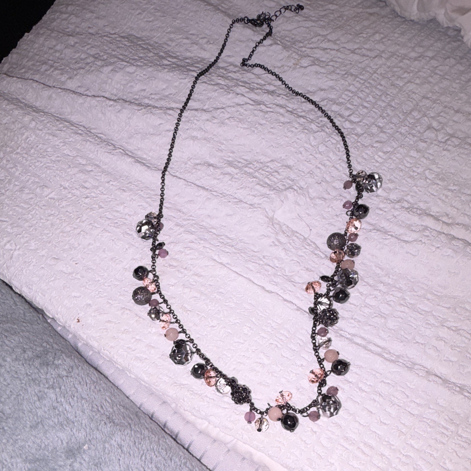 Silver Tone Cable Chain Beaded Charm Necklace with Pink Round Glass, Crystal