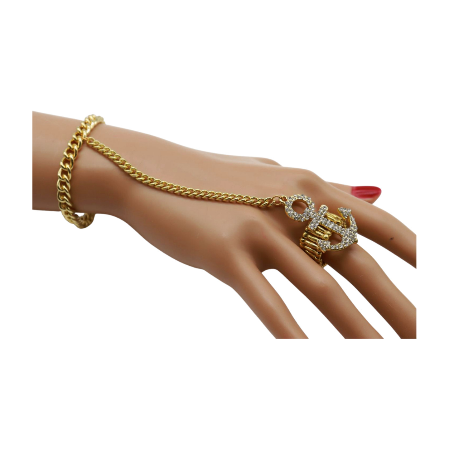 Hot Women Gold Metal Hand Chain Bracelet Connected Anchor Ring One Size Fits All