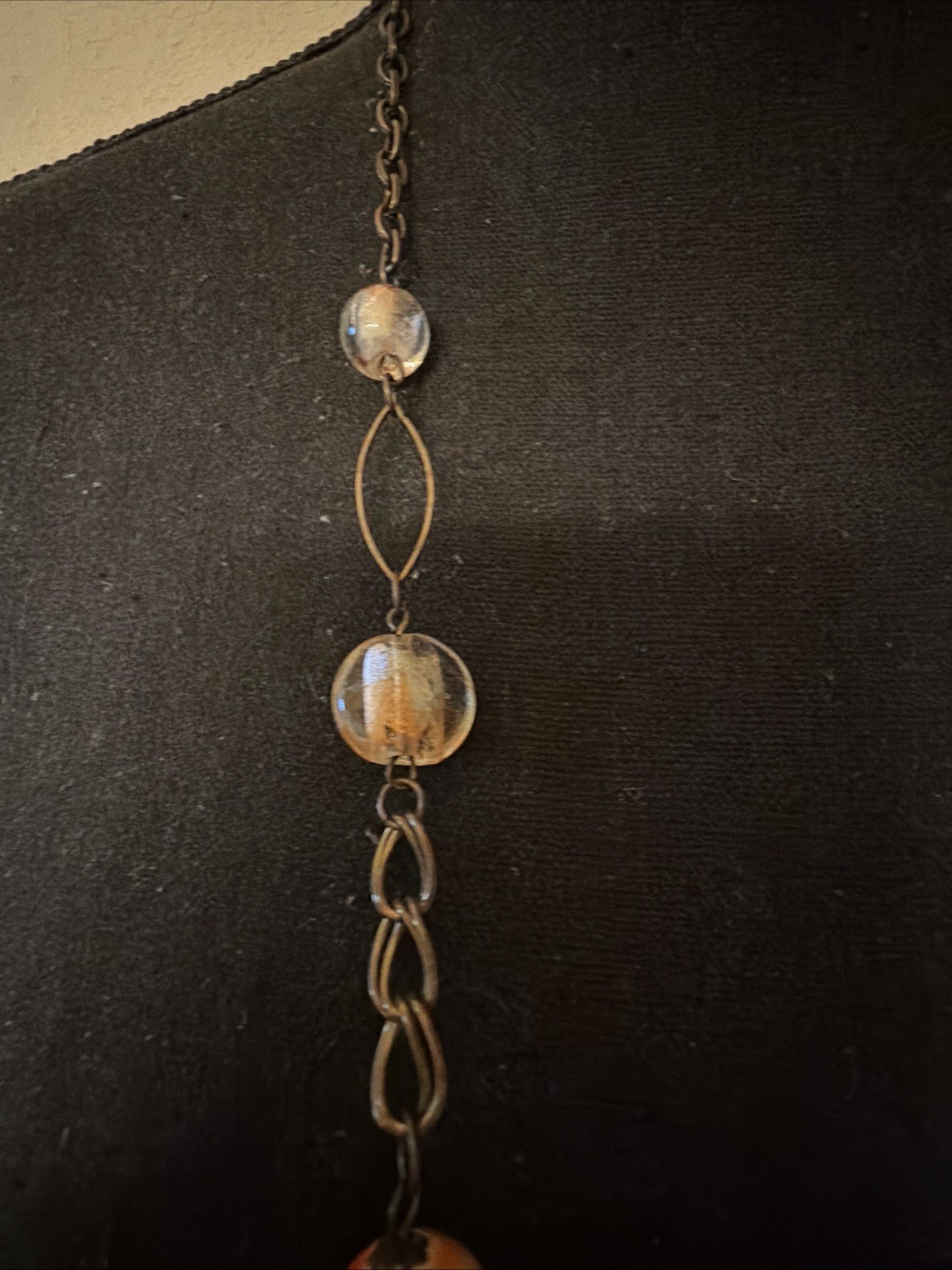 Long Necklace Round Amber Beads Glass Beads Decorative Metal Beads Brass Tone