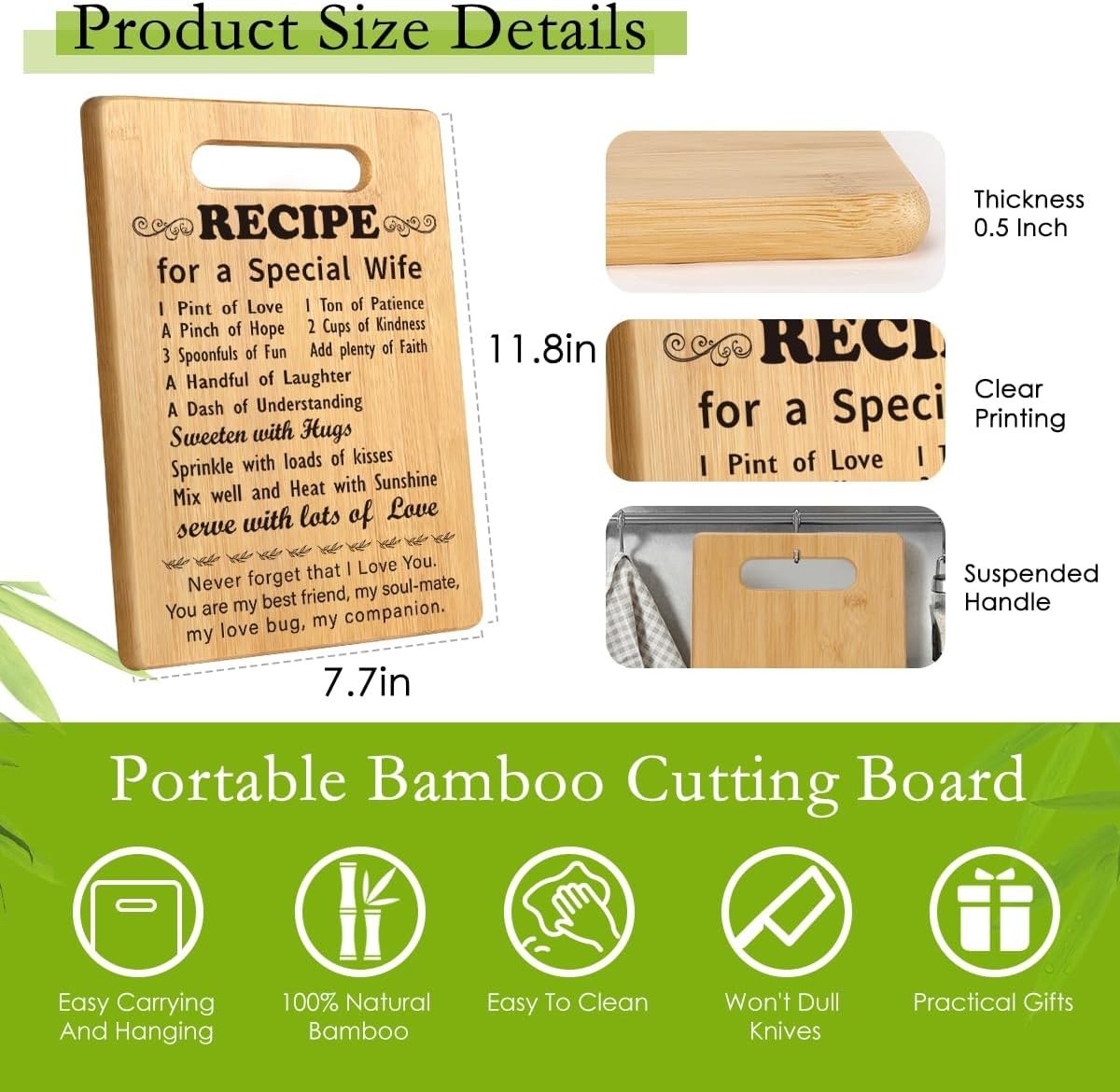 Eco-Friendly Bamboo Cutting Board for the Ultimate Wife Gift – 11.3″ x 7.5″