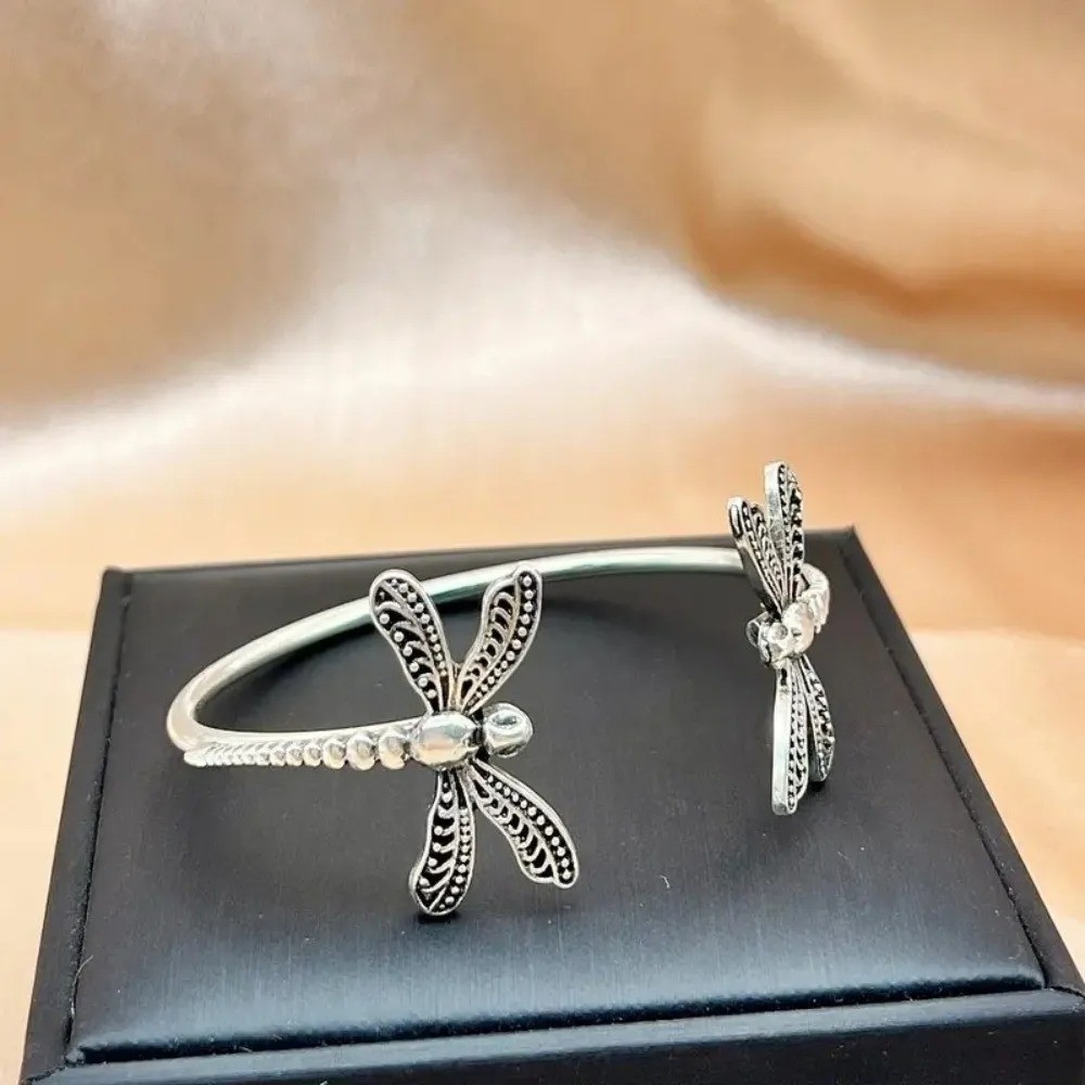 Boho Dragonfly Open Cuff Bracelet Silver Tone Adjustable Metal Bangle for Women