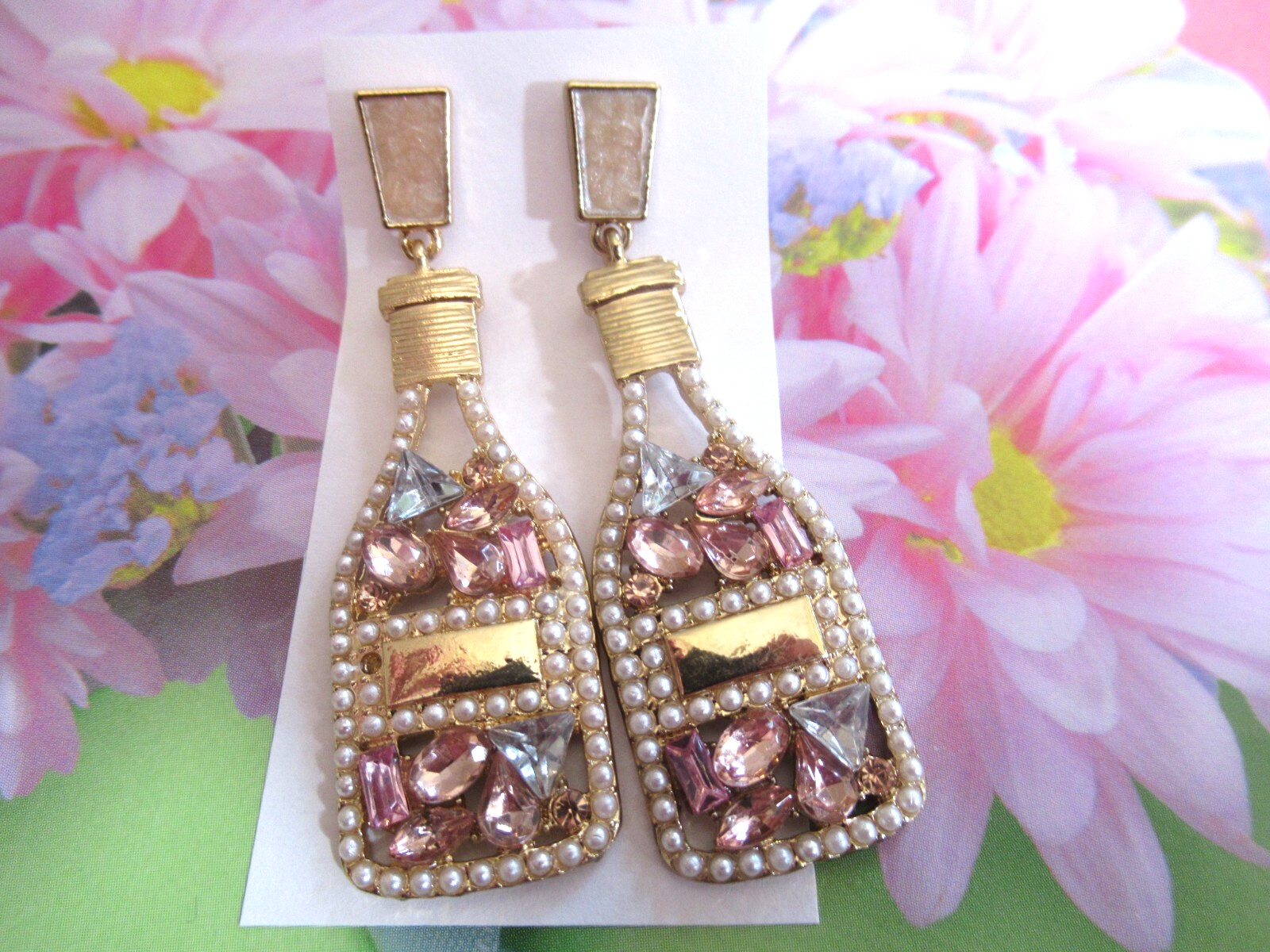 2.50″ POPPED CORK CHAMPAGNE BOTTLE & CHAMPAGNE GLASS RHINESTONE PEARL EARRINGS