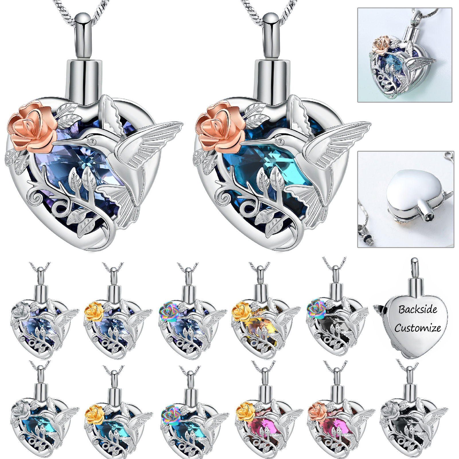 Hummingbird Rose Flower Crystal Heart Urn Pendant Necklace for Cremation Ashes