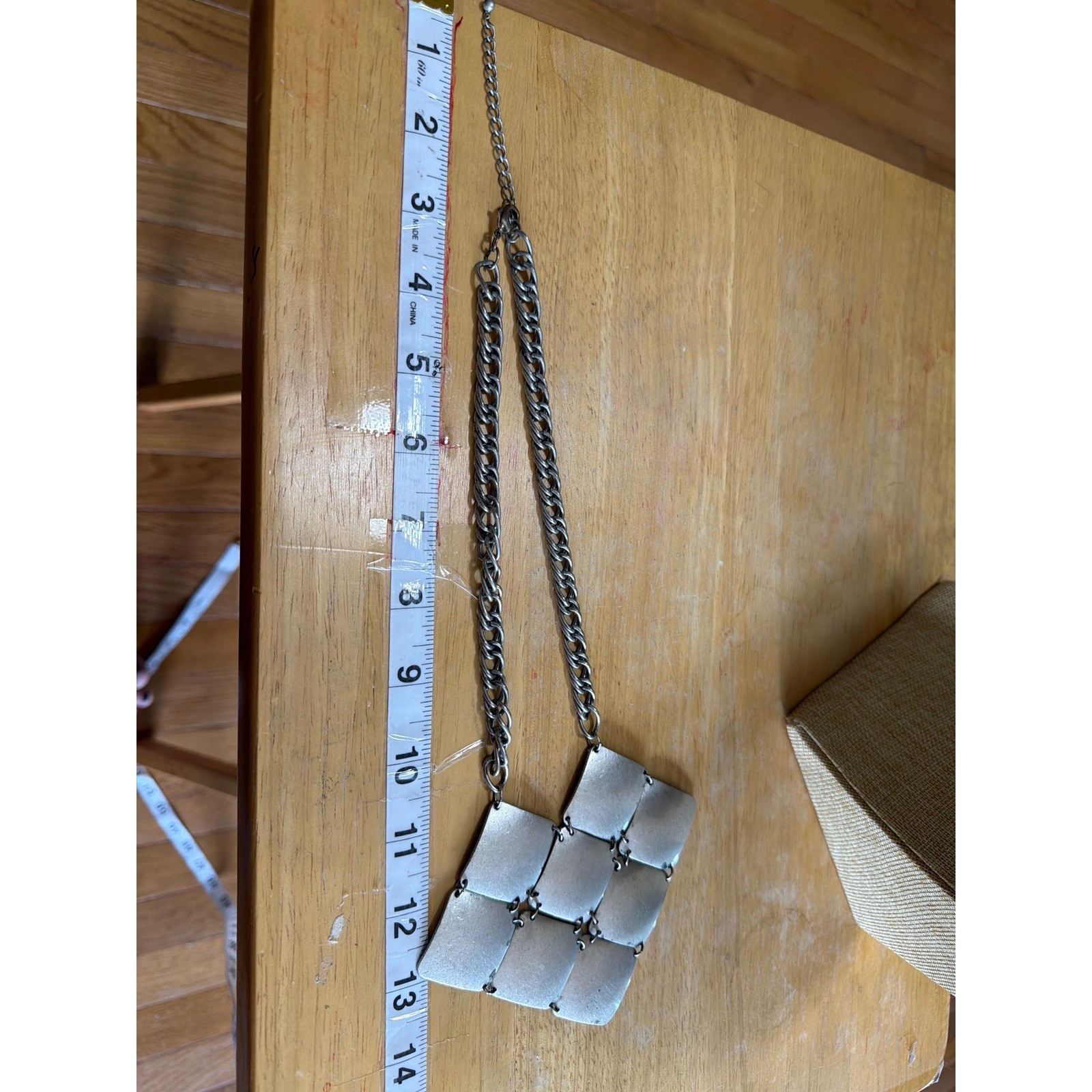 Geometric Silver Tone Square Plate Bib Statement Necklace Chunky Chain Edgy