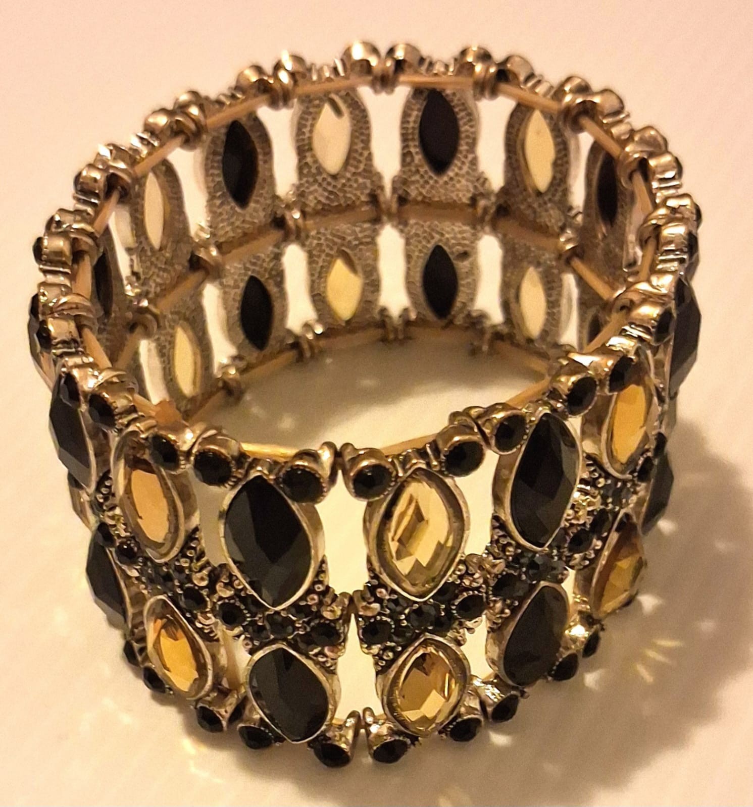 Silver Tone Stretch Bracelet Black Crystal Amber Statement Wide Cuff